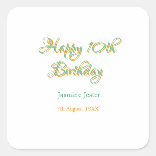 Sticker Carré joyeux 10e anniversaire orange vert nom date simpl