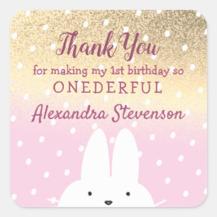 Sticker Carré Joyeux 1er Anniversaire Lapin Merci