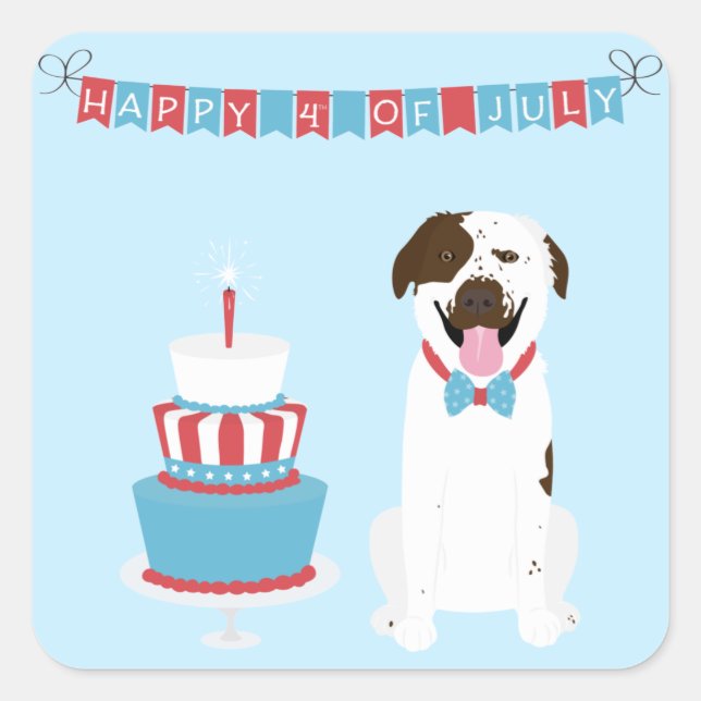 Sticker Carré Joyeux 4 Juillet Chien Rouge Blanc Bleu (Devant)