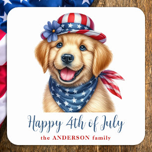 Sticker Carré Joyeux 4 juillet Patriotique Chiot Golden Retrieve