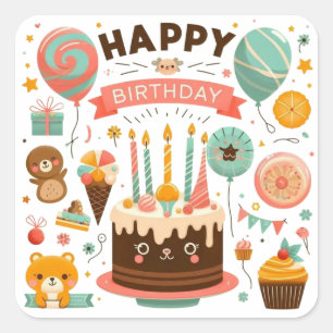 Sticker Carré Joyeux Anniversaire Adorable Gâteau & Ours Mignon