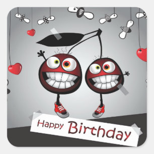 Sticker Carré Joyeux Anniversaire, Amour, Cadeaux, Gâteau, Drôle
