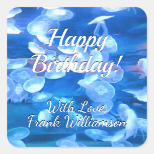 Sticker Carré Joyeux Anniversaire Aquarium Méduse 0925