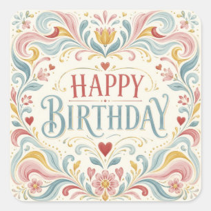 Sticker Carré Joyeux Anniversaire Art Populaire Scandinave Tourb