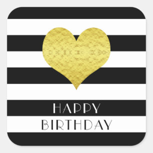 Sticker Carré Joyeux anniversaire au coeur noir et blanc moderne