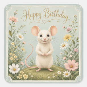 Sticker Carré Joyeux Anniversaire au Jardin de la Souris Douce