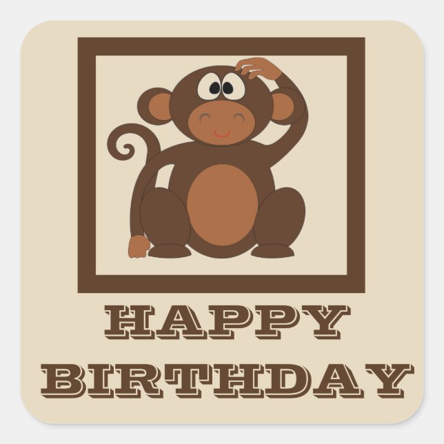Sticker Carré Joyeux anniversaire au Singe mignon (Devant)