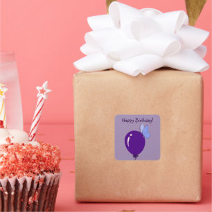 Sticker Carré Joyeux Anniversaire ! Ballon Violet & Papillon Ble