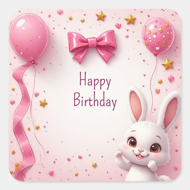 Sticker Carré Joyeux anniversaire bébé lapin doux 🐰 (Devant)