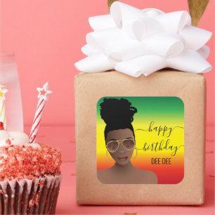 Sticker Carré Joyeux Anniversaire Black Woman Gold Shades Rasta