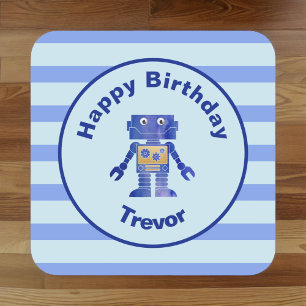 Sticker Carré Joyeux Anniversaire Bleu Robot Or avec nom