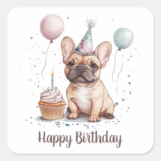 Sticker Carré Joyeux Anniversaire Bouledogue Français (Devant)