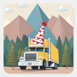 Sticker Carré Joyeux Anniversaire Camion de Transport Semi