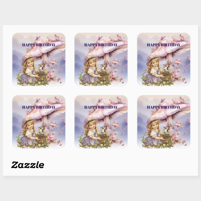 Sticker Carré Joyeux Anniversaire Champignons Violets Fille Vint (Feuille)