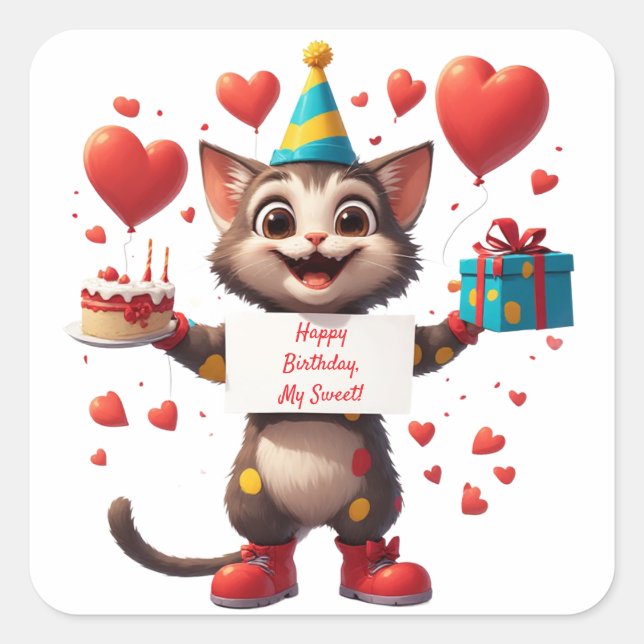Sticker Carré Joyeux Anniversaire Chat avec Ballons 🎁 (Devant)