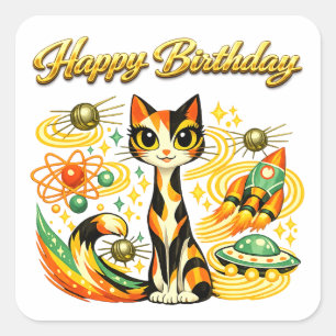 Sticker Carré Joyeux anniversaire chat calicot sci-fi Age atomiq