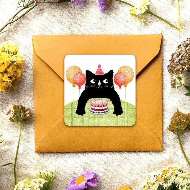 Sticker Carré Joyeux Anniversaire chat, gâteau et ballons Autoco (Créateur téléchargé)