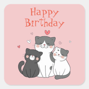 Sticker Carré Joyeux Anniversaire Chat Mignon Rose 