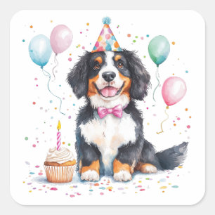 Sticker Carré Joyeux Anniversaire Chien de Montagne Bernois