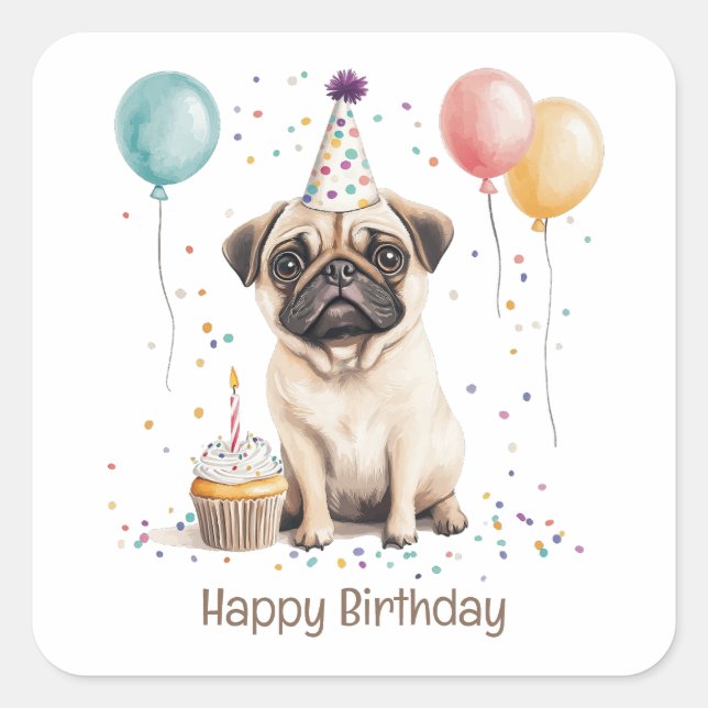 Sticker Carré Joyeux Anniversaire Chien Pug (Devant)