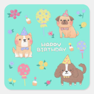 Sticker Carré Joyeux anniversaire : Chiens, Ballons et Fleurs