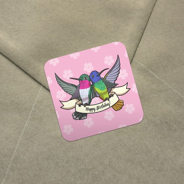 Sticker Carré Joyeux anniversaire ! Colibris Au Carton De Ruban (Créateur téléchargé)