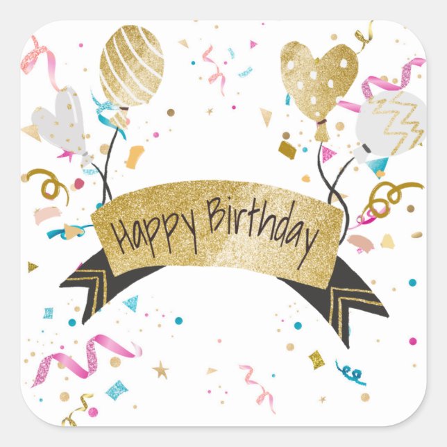 Sticker Carré Joyeux Anniversaire, conception festive, (Devant)