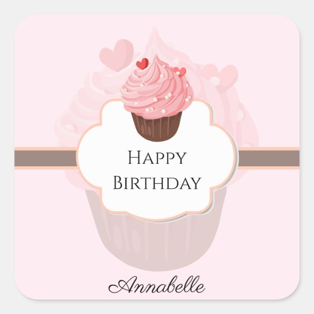 Sticker Carré Joyeux anniversaire | CUSTOMISÉ | Cupcake (Devant)