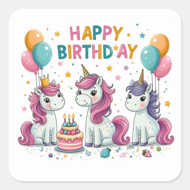 Sticker Carré Joyeux Anniversaire Cute Unicorns Célébrer (Devant)