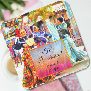 Sticker Carré Joyeux Anniversaire Danseurs du Festival Mexicain