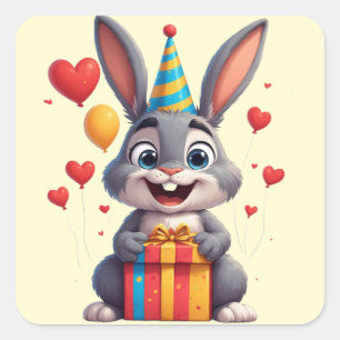 Sticker Carré 🐇 Joyeux Anniversaire de Lapin Avec Cadeau