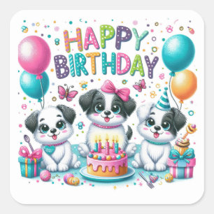 Sticker Carré Joyeux Anniversaire de mignonnes chiots célébrant
