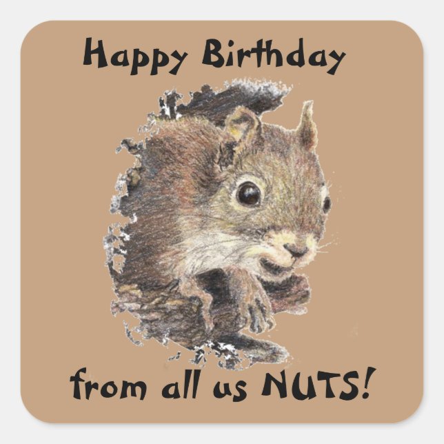 Sticker Carré Joyeux anniversaire de tous nous NUTS mignon écure (Devant)