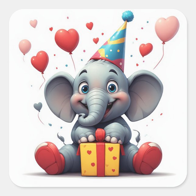Sticker Carré Joyeux Anniversaire d'Éléphant avec Ballons 🐘 (Devant)