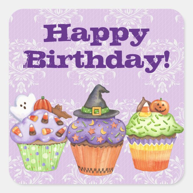 Sticker Carré Joyeux Anniversaire Des Cupcakes D'Halloween Viole (Devant)