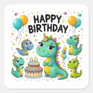 Sticker Carré Joyeux Anniversaire Dinosaures mignons Célébrant