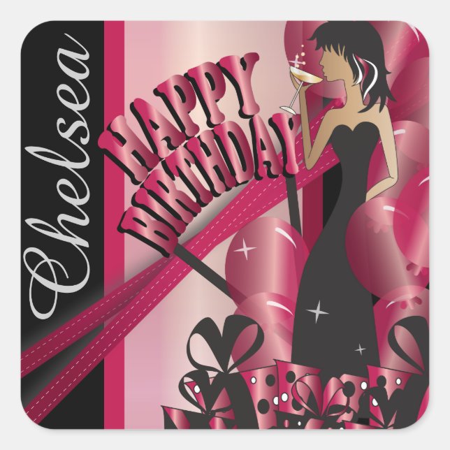 Sticker Carré Joyeux anniversaire Diva Girl | Nom do-it-yourself (Devant)