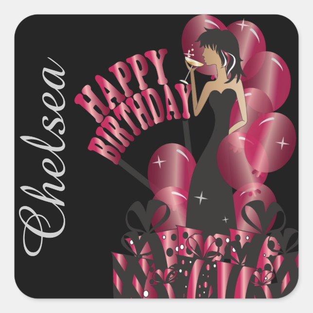 Sticker Carré Joyeux anniversaire Diva Girl | Nom do-it-yourself (Devant)