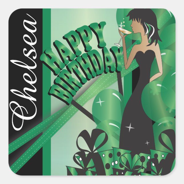 Sticker Carré Joyeux anniversaire Diva Girl | Nom do-it-yourself (Devant)