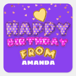 Sticker Carré Joyeux Anniversaire Du Nom Ballons Coeur Rose Comi