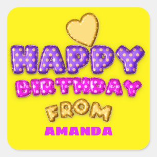 Sticker Carré Joyeux Anniversaire Du Nom Ballons Coeur rose Yell