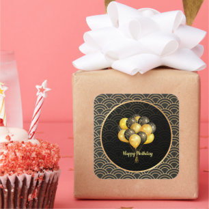 Sticker Carré Joyeux anniversaire, élégant noir et or,