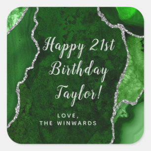 Sticker Carré Joyeux anniversaire en Agate Verte et Argent