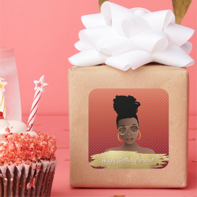 Sticker Carré Joyeux anniversaire ! Femme noire avec des couleur (Fête)