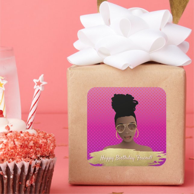 Sticker Carré Joyeux anniversaire ! Femme noire avec les nuances (Fête)