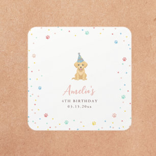 Sticker Carré Joyeux Anniversaire Fête Patte Rose Chiot Mignon