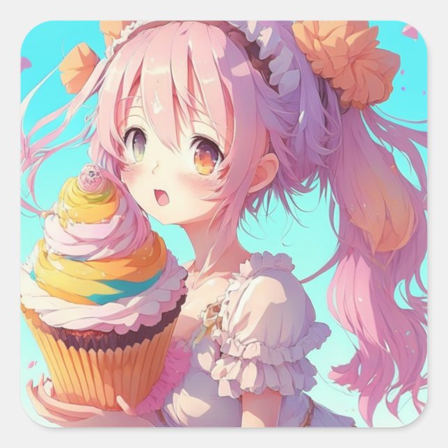 Sticker Carré Joyeux Anniversaire Fille Anime avec Cupcake Whims (Devant)