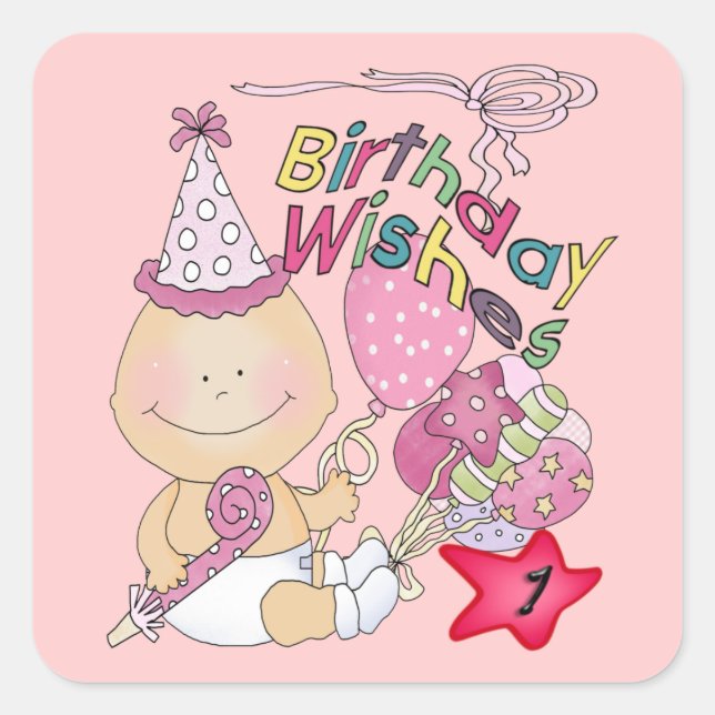 Sticker Carré Joyeux anniversaire fille souhaite 1 an (Devant)