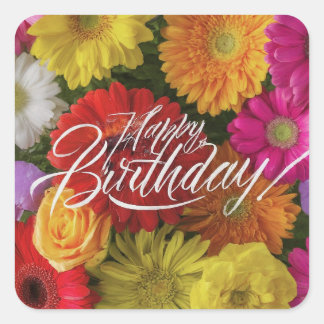 Sticker Carré Joyeux Anniversaire Fleurs de printemps colorées v