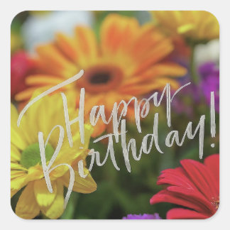 Sticker Carré Joyeux Anniversaire Fleurs de printemps colorées v